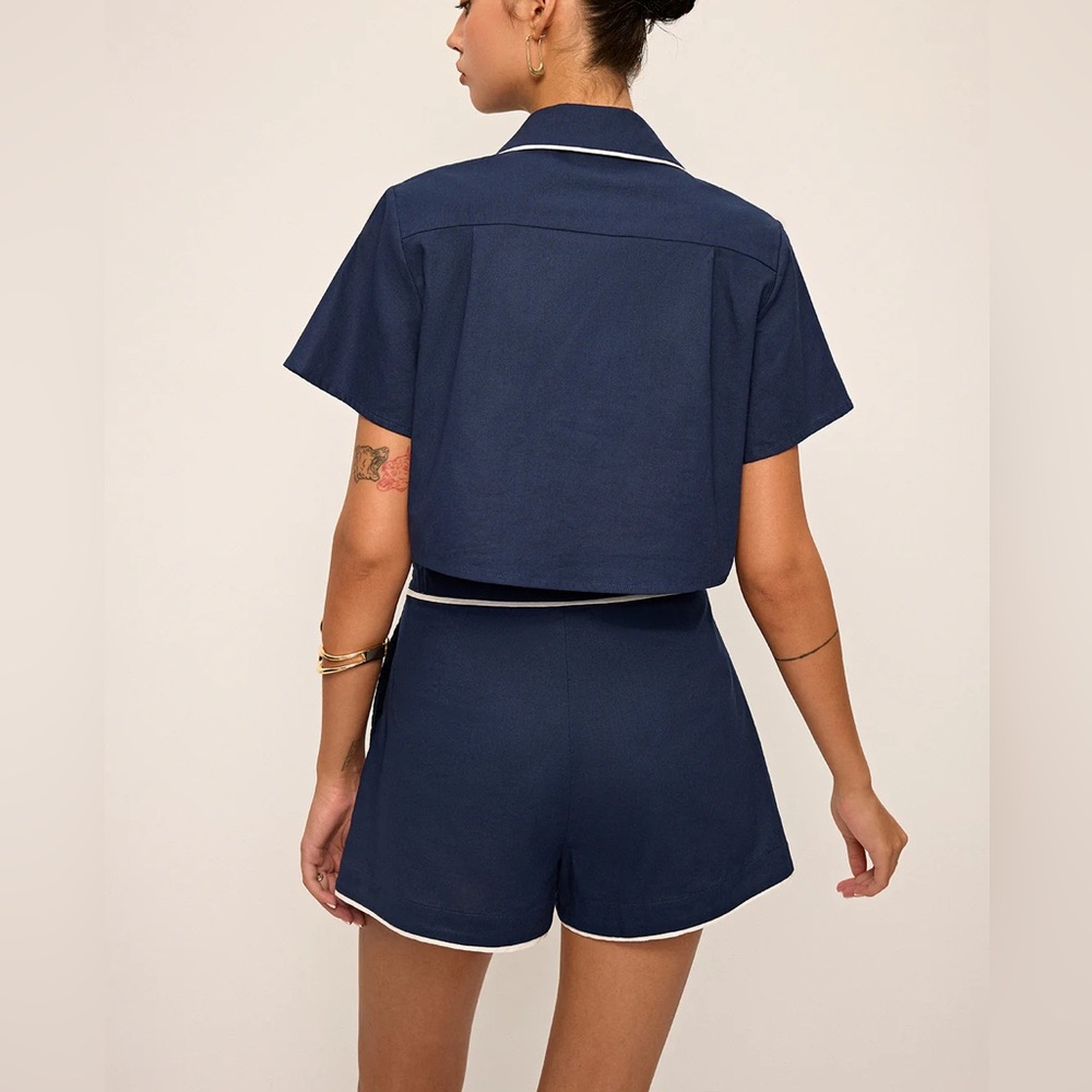 Navy Contrast-Trim High-Waist Women's Shorts - Picture 7 of 7